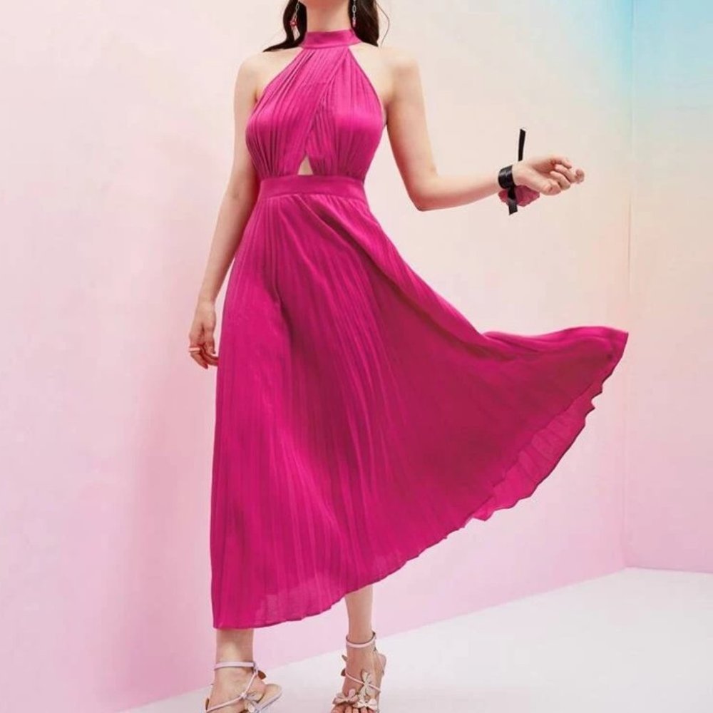 Cut Out Front Pleated Halter Dress - Picture 1 of 8